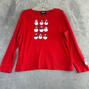 Designer Studio Joy Red Long Sleeve‎ T Shirt Snowman Applique PXL Holiday Winter